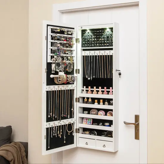 Costway Mirror Jewelry Cabinet with Full Length Clear Mirror & Internal LED Lights Hooks {4}