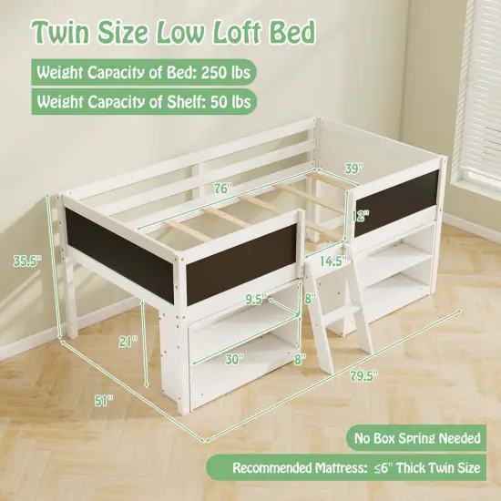 Costway Twin Size Low Loft Bed with Ramp Ladder & Bookcases Full-length Safety Guardrail White/Gray {3}