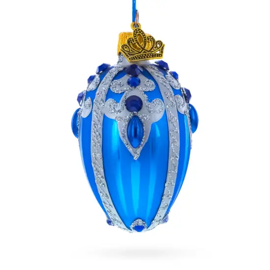 Royal Blue with Silver Glitter and Gem Accents Mini Glass Egg Ornament 2.9 Inches {1}