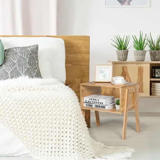 Costway Set of 2 Bamboo Nightstand Stackable Sofa Table Bedside Table with Storage Shelf {5}