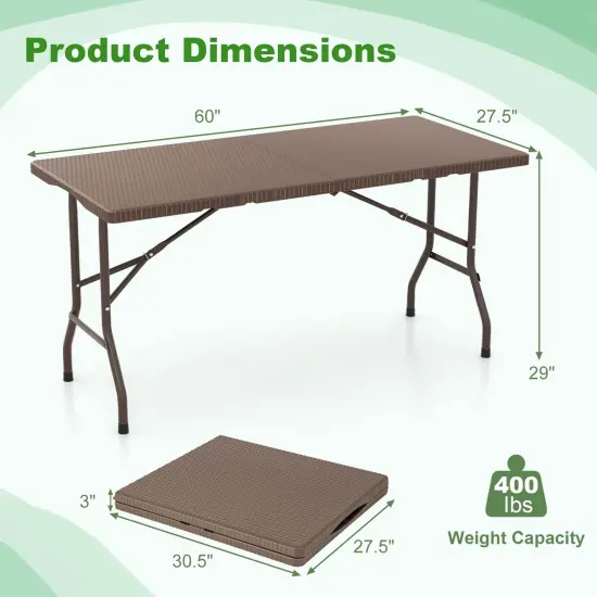 Costway 5 ft Folding Picnic Table Outdoor Dining Table with Rattan Grain HDPE Tabletop Brown/Black {3}