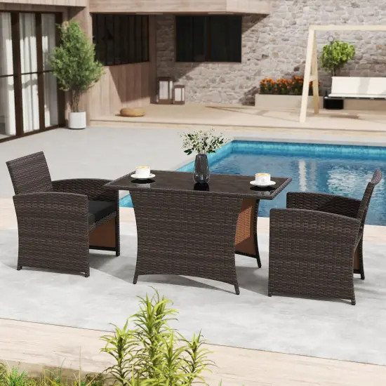 Costway 3 PCS Wicker Bistro Set Balcony Furniture Set with Tempered Glass Dining Table {4}