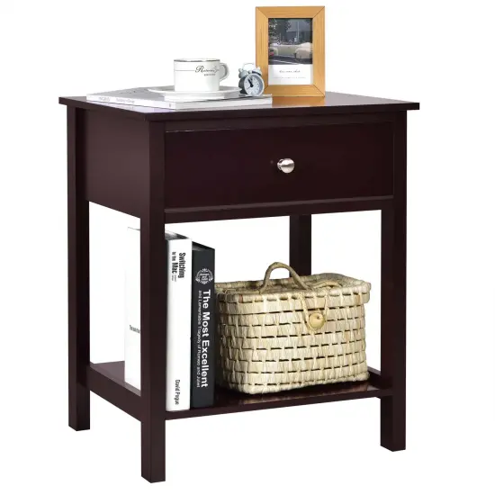 Costway Nightstand with Drawer Storage Shelf Wooden Bedside Sofa Side Table White\Brown {1}