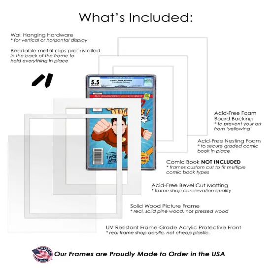 Comic Book Display Frame for Graded Comics - White Wood Comic Frame With White Mat for 8.125x13 Comics, 18 Frame Sizes {3}