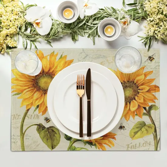 Summer Vintage Sunflower Placemats Set of 4 - Yellow Grunge Flower Farmhouse Tablemats Linen Fabric, Heat-Resistant Washable Stain Proof Place Mats for Dining Table Decoration {3}