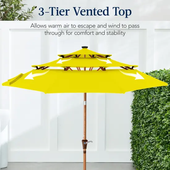 Best Choice Products Woodgrain Pattern 10ft 3-Tier Solar Patio Umbrella w/ 24 LED Lights, Tilt Yellow {4}