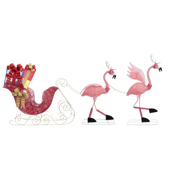 Haute Decor Lighted Christmas Outdoor Flamingo Reindeer with Sleigh Yard Decor - Flamingo Holiday Lawn Display {1}