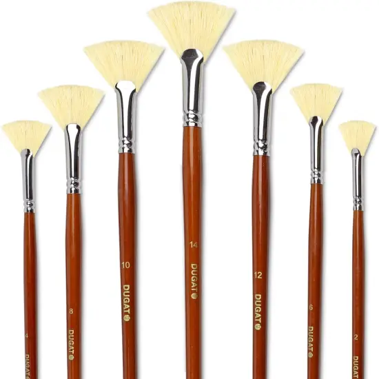 Artist Fan Paint Brush Set of 7, White Hog Bristle Natural Hair Anti-Shedding Brush Tips, Long Wooden Handle for Comfortable Holding, Great for Acrylic Watercolor Oil Painting {1}