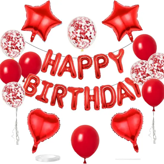 27 Pcs Red Birthday Decorations, 3D Foil Red Happy Birthday Balloon Banner {1}