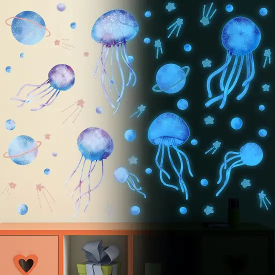 4 Sheets Starry Sky Jellyfish Wall Sticker Glow in The Dark Wall Stickers Planet Blue Luminous Wall Decals DIY Peel Stick Art Decor for Walls Ceiling Kids Bedroom Living Room Nursery Girls and Boys (Blue) {2}