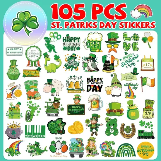 105 PCS St Patricks Day Stickers, Vinyl Waterproof Shamrock Stickers Irish Day Decals {2}