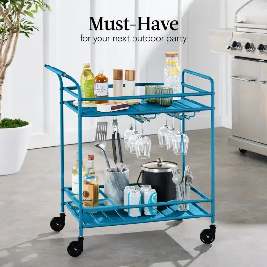 Best Choice Products 2-Tier Rolling Bar Cart Indoor/Outdoor w/ Storage Shelves, Wine Rack, Lockable Wheels Peacock {3}
