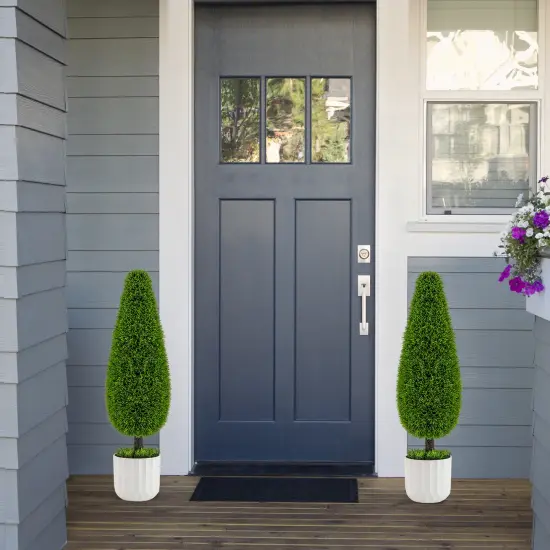 Green 2 Pack 35"H Artificial Cedar Teardrop Shaped Bush with Plastic Nursery Pot {3}