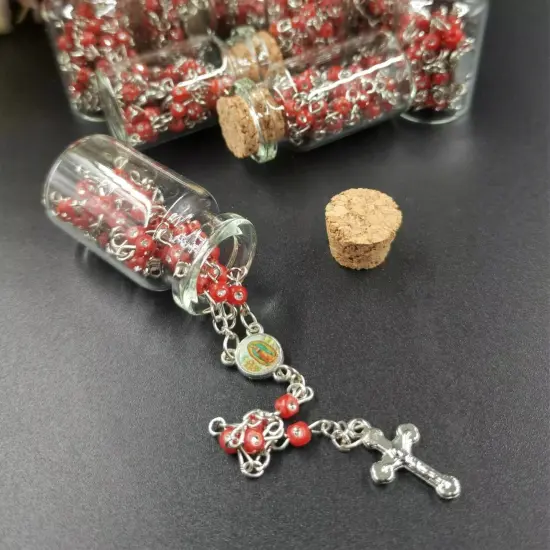 12 Rosary in Glass Bible Cross Red Beads CATHOLIC Mary Crucifix Necklace Bottle {5}