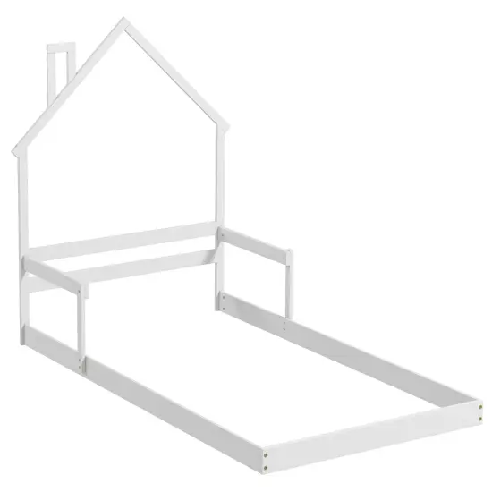 Twin Size Floor Bed with Chimney and Headboard and Handrail-White Grey {2}