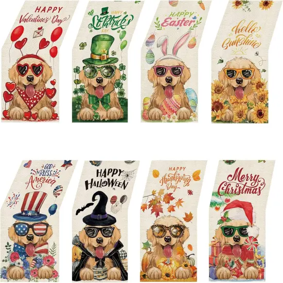 8 Pcs Golden Retriever Dog Table Runner 72 Inches Long, Valentines Day St Patricks Day Easter 4th of July Halloween Christmas Farmhouse Table Runners, Cute Puppy Holiday Dining Table Decor {1}
