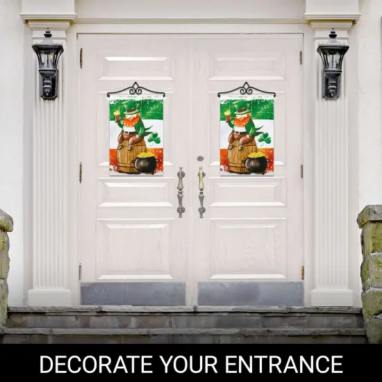 G128 Combo Pack Garden Flag Hanger 14IN & Garden Flag Happy St. Patrick's Day Leprechaun Barrel Gold Printed 12x18IN Double Sided {6}