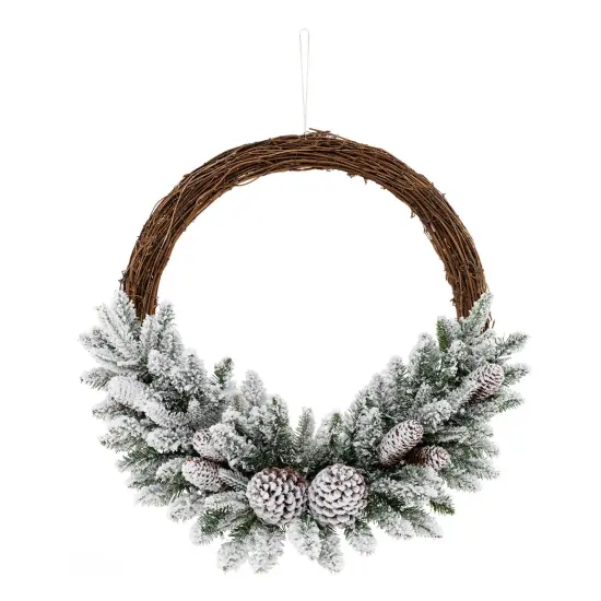 Pre-lit Snow Flocked Artificial Christmas Wreath with 8 Pine Cones and 35 LED Lights {4}