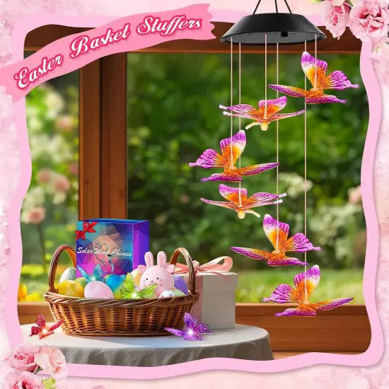 Easter Basket Stuffers for Adults, Birthday Gifts for Women Mom Her, Solar Lights Outdoor Wind Chimes for Outside Garden Yard Patio Porch Hanging Decor Butterfly Gifts for Grandma Mothers Day {2}