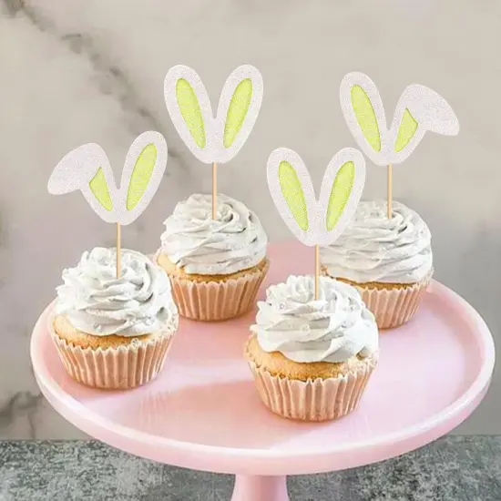 24 Pack Easter Bunny Ear Cupcake Toppers, Yellow Glitter Rabbit Ears Cupcake Picks, Easter Day Cake Toppers for Easter Theme Spring Birthday Baby Shower Party Supplies {5}