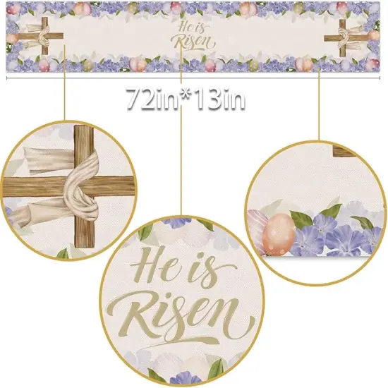 He is Risen Table Runner Easter Egg Spring Jesus Ressurrection Cross Home Kitchen Dining Room Decoration (13" x 72") {3}