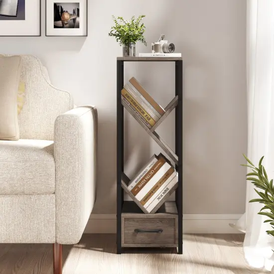 Grey 4 Tier Floor Tree Bookshelf with Drawer and Metal Frame Perfect for Any Room {2}
