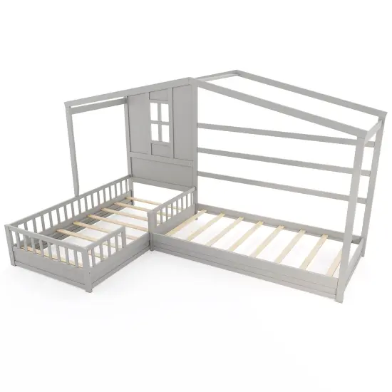 L-shaped Corner Twin House Bed with Guardrails, Creative Roof Design, Solid Wood Frame, and Easy Access Grey {1}