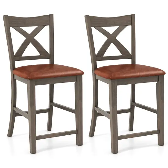 Bar Stools Set of 2 with Cross Back and Faux Leather Upholstered Seat-Grey {1}