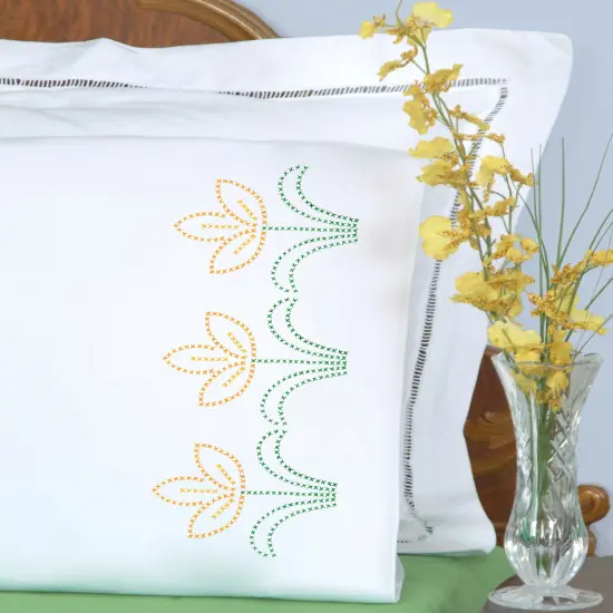 Jack Dempsey Stamped Pillowcases W/White Perle Edge 2/Pkg-Cross-Stitch Tulips {3}