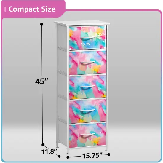 Sorbus Narrow 5 Drawers Nightstand with Steel Frame, Wood Top, Easy Pull Fabric Bins for Home, Bedroom, Office & Dorm Watercolor tie dye {3}