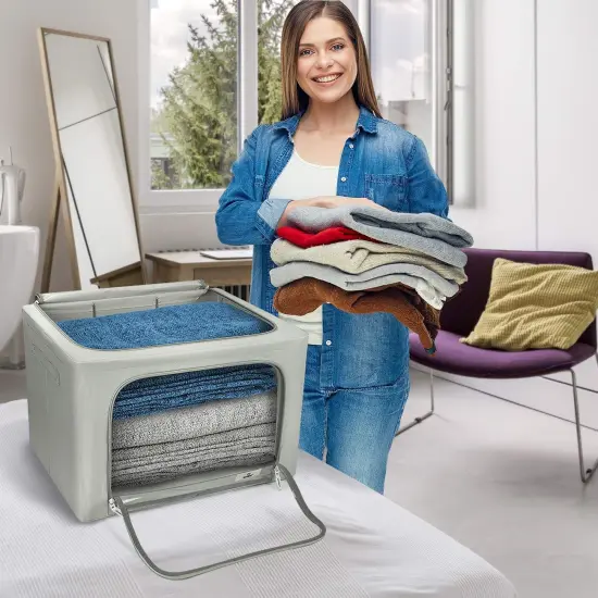 Sorbus 1 Pack Jumbo Storage Bin with Metal Frame, Storage Containers with Window & Handles, Stackable & Foldable Clothes Organizer Bag Gray {3}