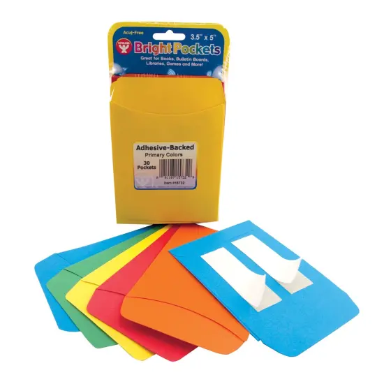 Self Adhesive Library Pockets, 3.5" x 4.875", 6 Each of 5 Colors, Pack of 30 {1}