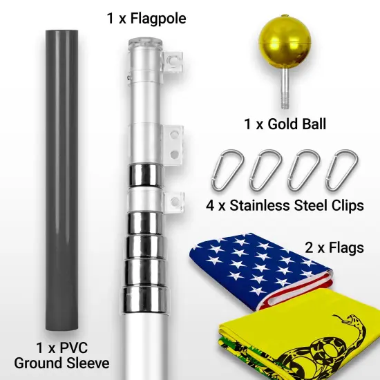 G128 Combo Pack: 20 Ft Telescoping Aluminum Flagpole (Silver) & American and Gadsden Flags 3x5 Ft, Both ToughWeave Series Embroidered Polyester | Pole with Flags Included {2}