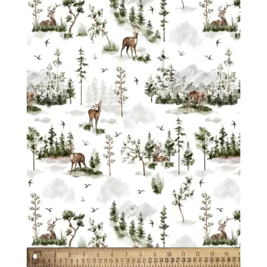 Deer Pine Trees Cotton Fabric | By the Yard | Sewing and Crafting | 44 inches wide {1}
