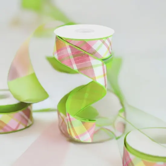 1.5" Diagonal Plaid Fused Ribbon: Spring Green (10 Yards) {3}