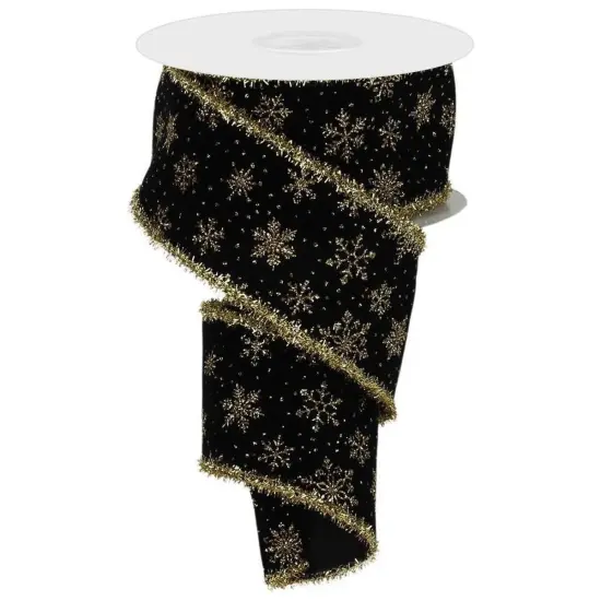 2.5" Glitter Snowflakes Tinsel Ribbon: Gold/Black (10 Yards) {1}