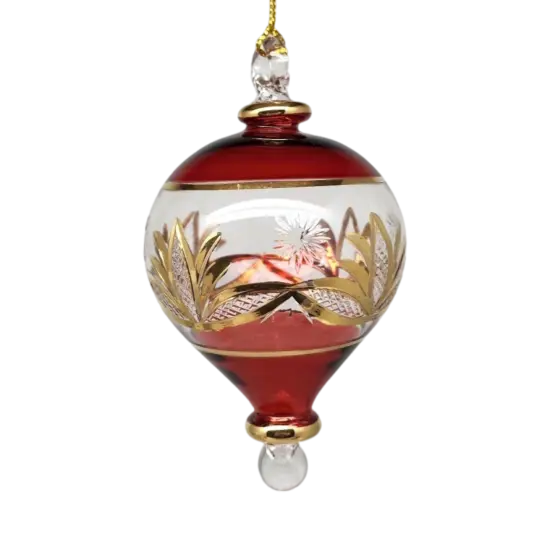 Etched Gold Teardrop Blown Glass Ornament - Red {1}