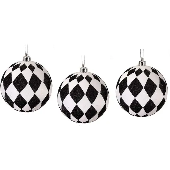4" Glitter Harlequin Ball Ornaments: Black/White (3 pack) {1}