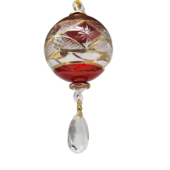 Etched Blown Glass Ball with Crystal Dangle - Red {3}
