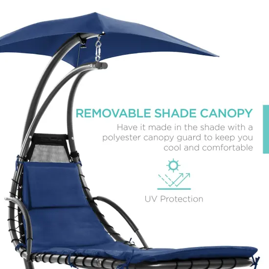 Best Choice Products Hanging Curved Chaise Lounge Chair Swing for Backyard, Patio w/ Pillow, Shade, Stand Navy Blue {3}