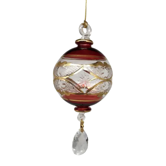 Etched Blown Glass Ball with Crystal Dangle - Red {1}