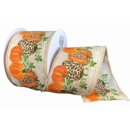 2.5" Natural Linen Cheetah Pumpkin Ribbon: Orange (10 Yards) {1}