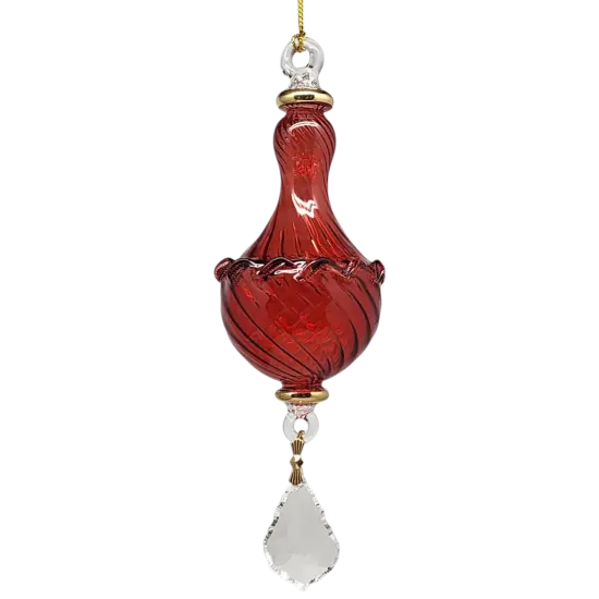 Blown Glass Twisted Chandelier Ornament with Crystal Dangle - Red {1}
