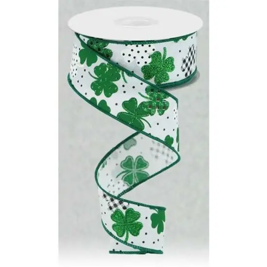 1.5" Pattern Shamrock Ribbon: White (10 Yards) {3}