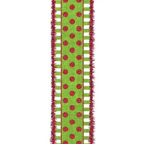 2.5" Dots & Stripes Glitter Tinsel Edge Ribbon: Lime Green, White & Red (10 Yards) {4}