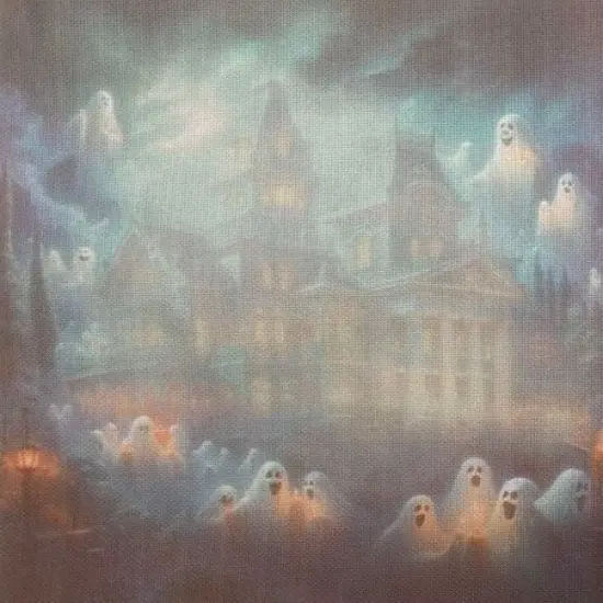 Eerie Village Designer Printed AIDA Fabric. Canvas for embroidery with an applied backgroundKF-1382A {1}