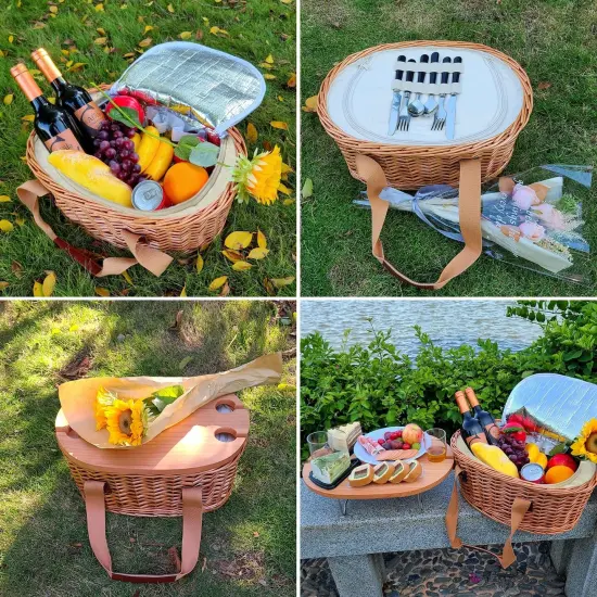 Wicker Picnic Basket Set for 4 with Mini Folding Wine Picnic Table & Large Insulated Cooler Bag & Cutlery Service Kits for 4 Person, Couples Gifts, Wedding Gifts (Y2209-4-CM) {3}