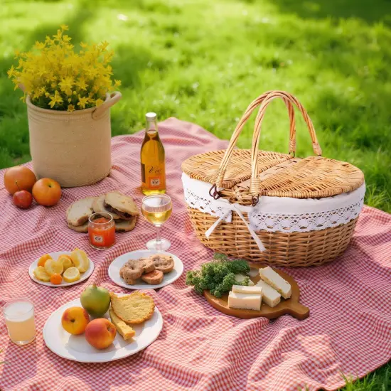 Picnic Basket, Wicker Basket with Lid, Woven Cute Basket with Handle, Storage Basket with Washable Lining & Dual-Flid Lid, Natural Willow Picnic Hamper, White Lining {2}
