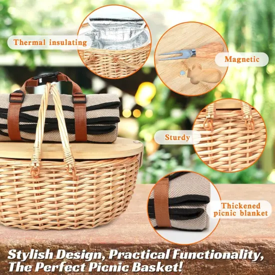 Dual Wicker Picnic Basket Set with Blanket for 2 - Unique Gifts Ideas for Couple, Engagement, Wedding, Bridal Shower, Family {5}