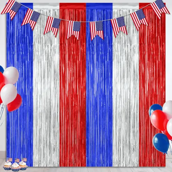 2 Pack 4th of July Party Supplies, 3.28 FT x 7.05 FT 4th of July Tinsel Backdrop, Blue Silver Red Color Fringe Curtains Streamer Backdrop, 4th of July Photo Backdrop Party Decorations {1}